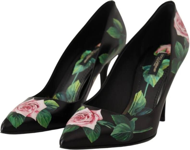 Dolce & Gabbana Elegante zwarte leren hakken met rozenprint Black Dames