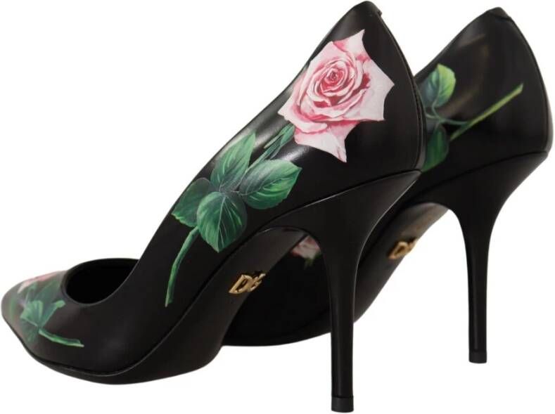 Dolce & Gabbana Elegante zwarte leren hakken met rozenprint Black Dames