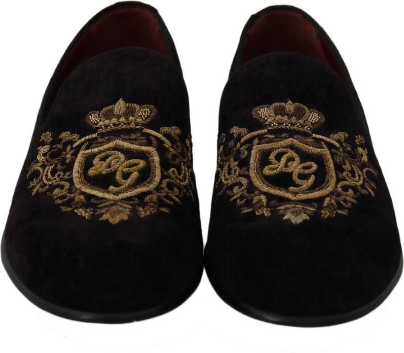 Dolce & Gabbana Elegante zwarte loafers met gouden kroonborduursel Black Heren