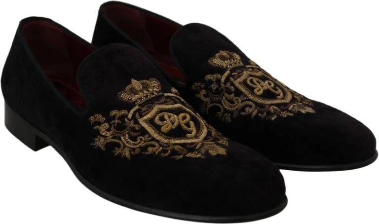 Dolce & Gabbana Elegante zwarte loafers met gouden kroonborduursel Black Heren