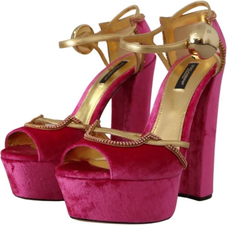 Dolce & Gabbana Fluwelen en Gouden Leren Sandalen met Roze Kristallen Pink Dames