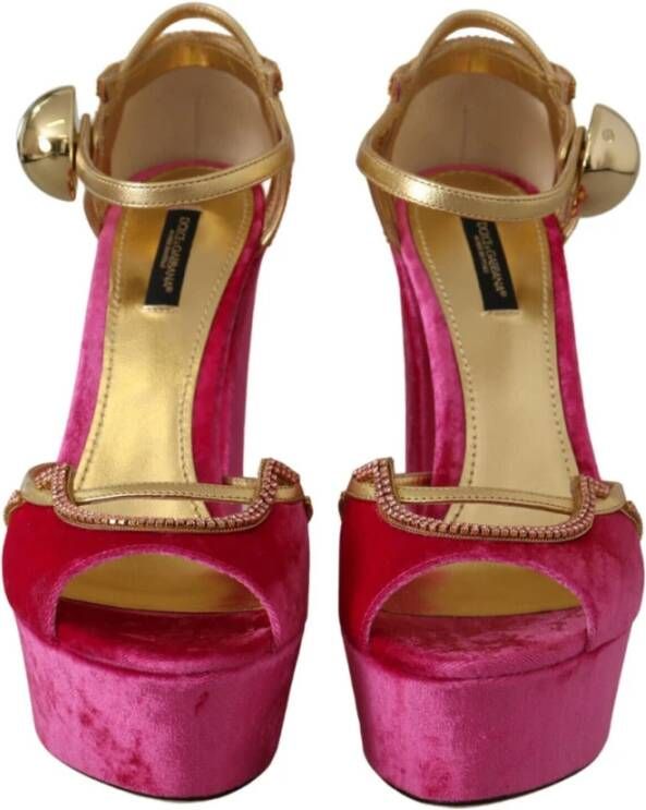 Dolce & Gabbana Fluwelen en Gouden Leren Sandalen met Roze Kristallen Pink Dames