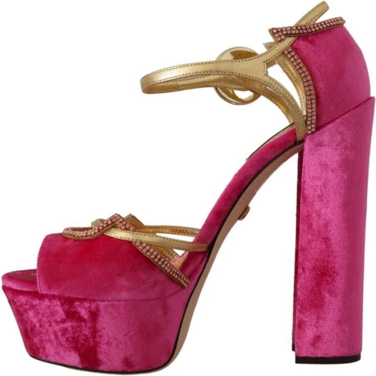 Dolce & Gabbana Fluwelen en Gouden Leren Sandalen met Roze Kristallen Pink Dames