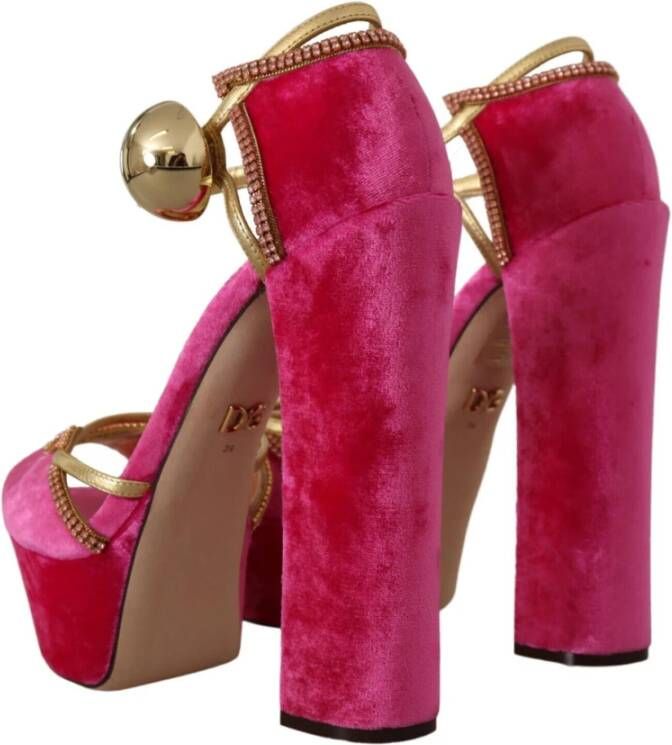 Dolce & Gabbana Fluwelen en Gouden Leren Sandalen met Roze Kristallen Pink Dames