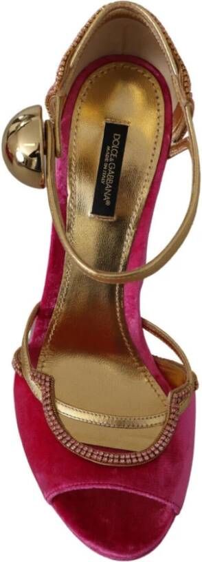 Dolce & Gabbana Fluwelen en Gouden Leren Sandalen met Roze Kristallen Pink Dames