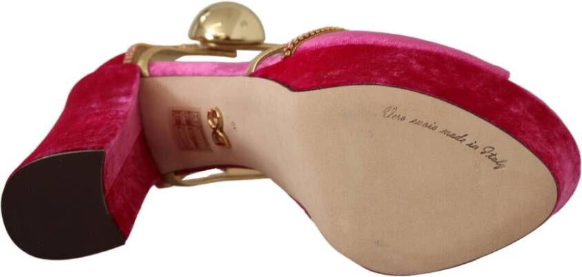 Dolce & Gabbana Fluwelen en Gouden Leren Sandalen met Roze Kristallen Pink Dames