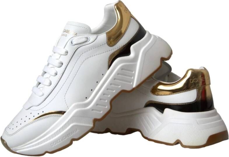 Dolce & Gabbana Gouden Leren Lage Sneakers met Logo Details White Heren