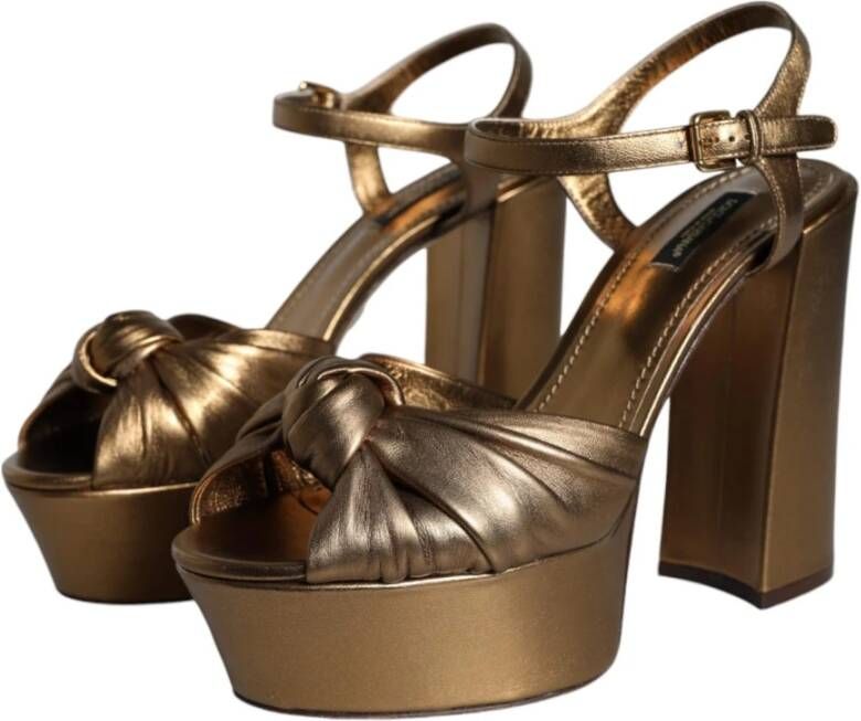 Dolce & Gabbana Gouden Leren Plateau Sandalen met Enkelband Yellow Dames