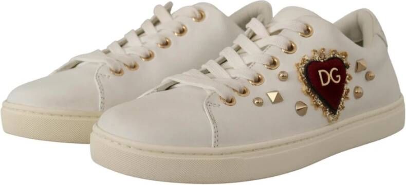 Dolce & Gabbana Gouden Studded Heart Leren Sneakers White Dames