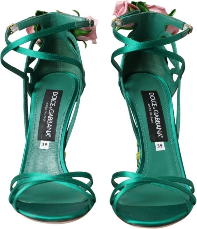 Dolce & Gabbana Groene Bloem Satijnen Enkelband Sandalen Green Dames