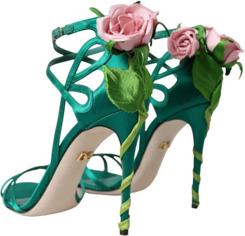 Dolce & Gabbana Groene Bloem Satijnen Enkelband Sandalen Green Dames