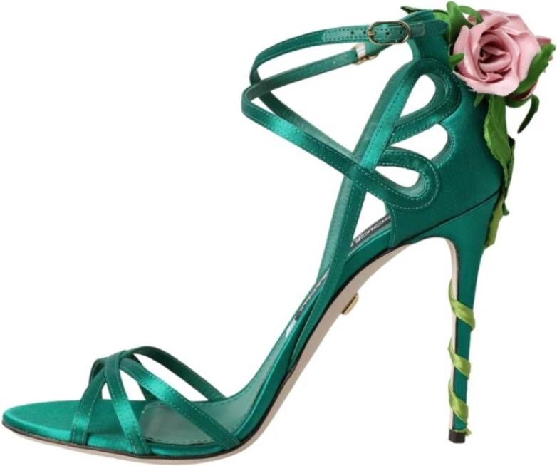 Dolce & Gabbana Groene Bloem Satijnen Enkelband Sandalen Green Dames