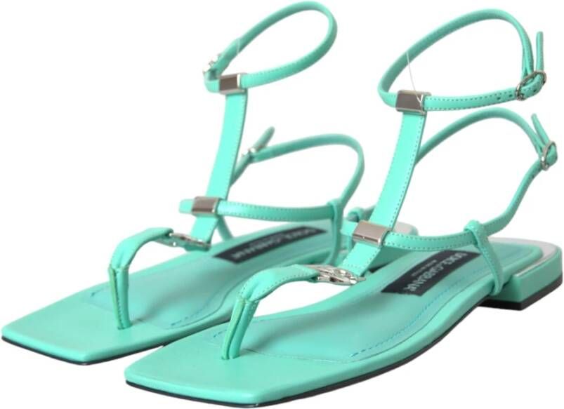 Dolce & Gabbana Groene leren enkelband platte sandalen Blue Dames