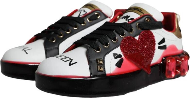 Dolce & Gabbana Kristal Hart Leren Sneakers Wit Rood Multicolor Dames