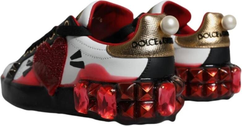 Dolce & Gabbana Kristal Hart Leren Sneakers Wit Rood Multicolor Dames