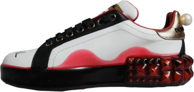 Dolce & Gabbana Kristal Hart Leren Sneakers Wit Rood Multicolor Dames