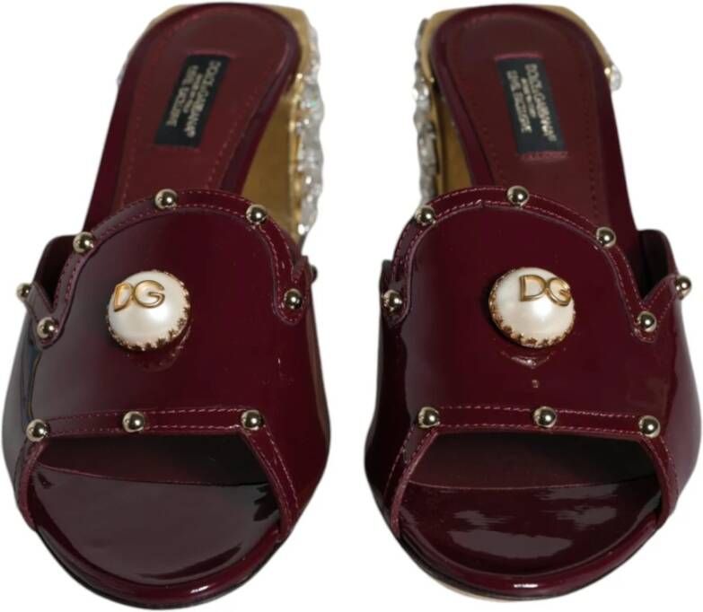 Dolce & Gabbana Kristal Leren Slides Sandalen Maroon Gold Brown Dames