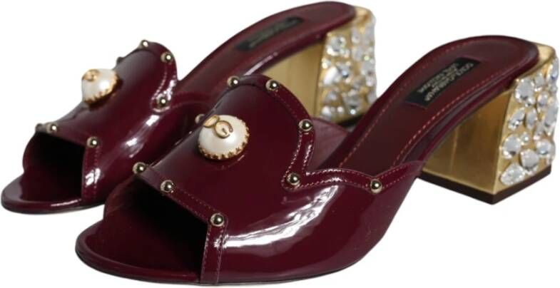 Dolce & Gabbana Kristal Leren Slides Sandalen Maroon Gold Brown Dames