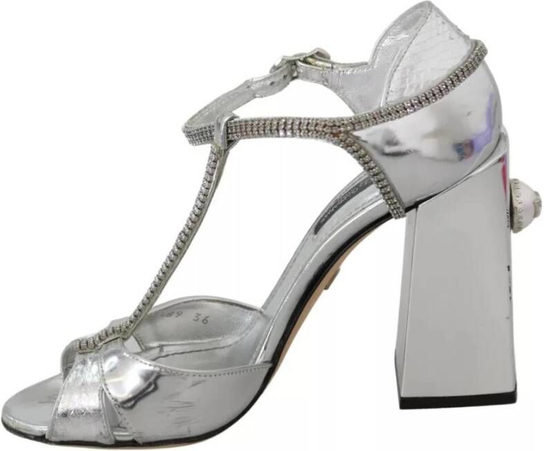 Dolce & Gabbana Kristal T-Strap Leren Sandalen Gray Dames