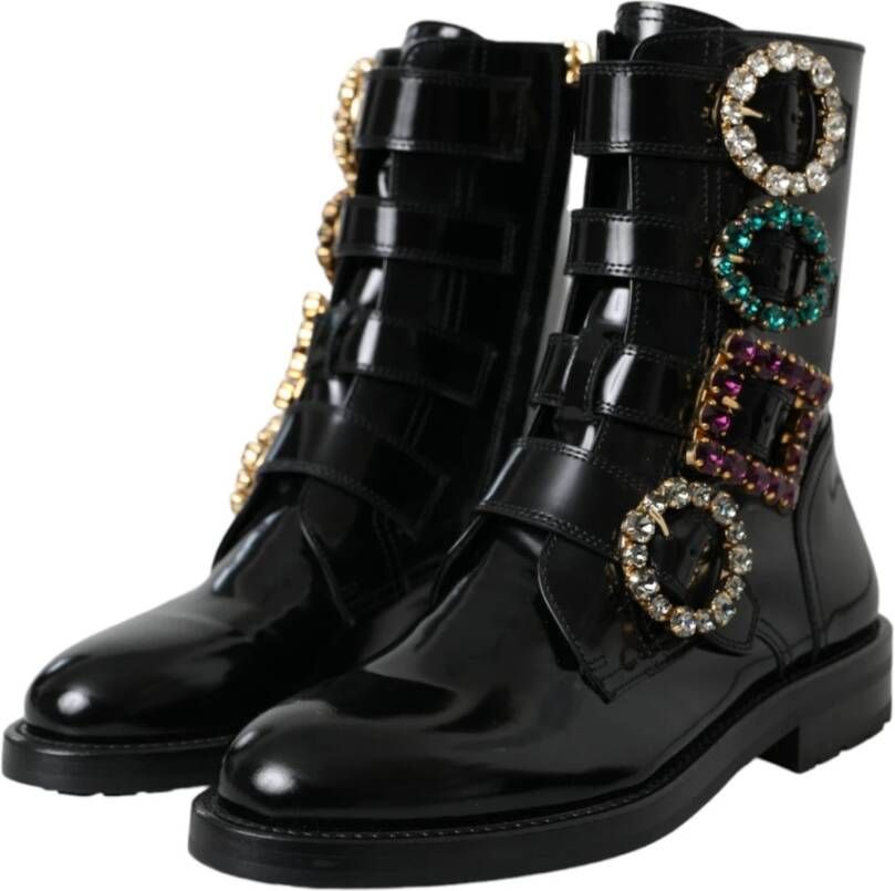 Dolce & Gabbana Kristallen Gesp Leren Laarzen Black Dames