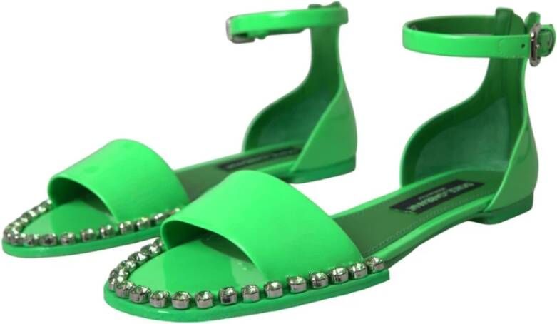 Dolce & Gabbana Kristalversierde Groene Leren Sandalen Green Dames