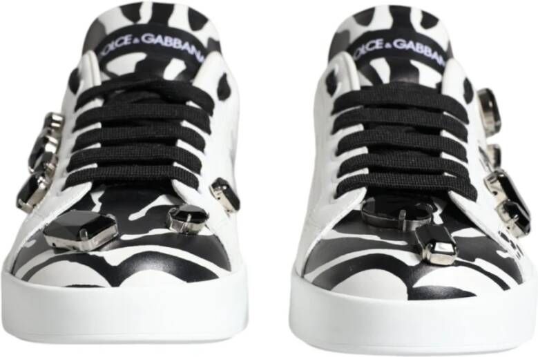 Dolce & Gabbana Logo Detail Leren Sneakers Wit Zwart White Dames