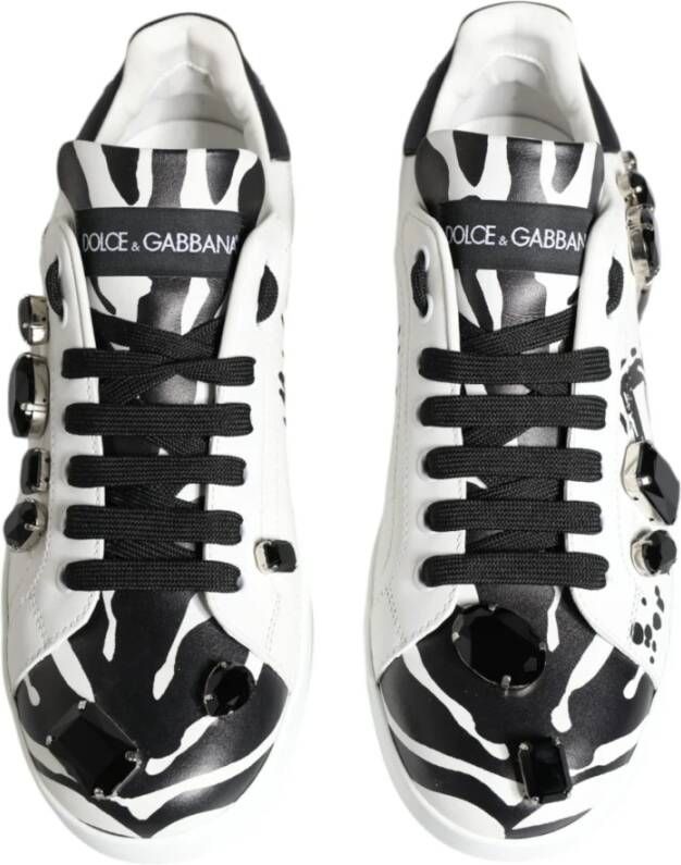 Dolce & Gabbana Logo Detail Leren Sneakers Wit Zwart White Dames