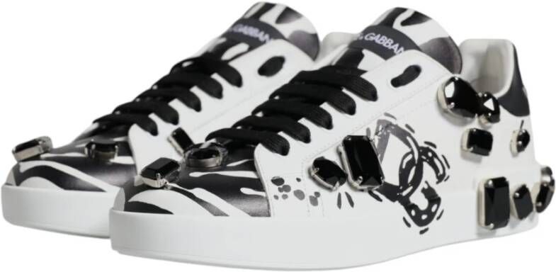 Dolce & Gabbana Logo Detail Leren Sneakers Wit Zwart White Dames