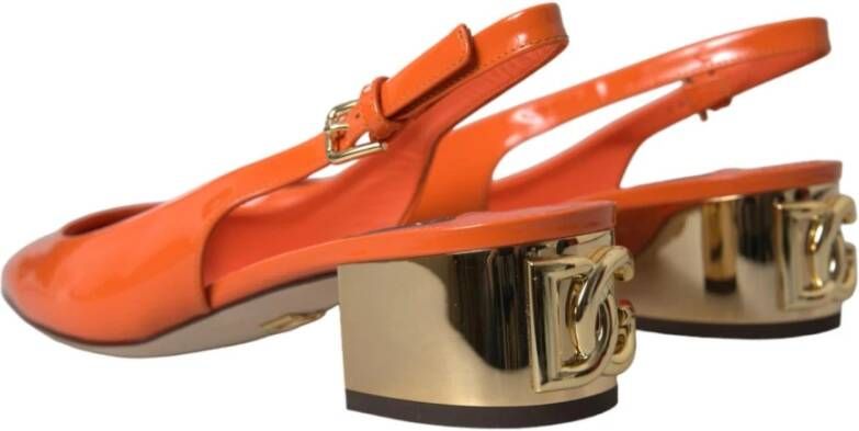 Dolce & Gabbana Logo Versierde Leren Slingback Hakken Orange Dames