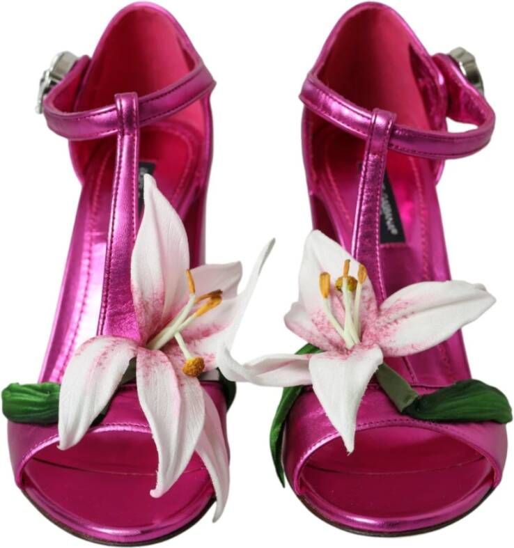 Dolce & Gabbana Met bloemen versierde leren sandalen met blokhak Pink Dames