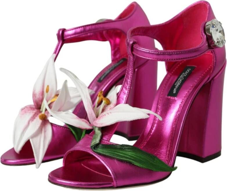 Dolce & Gabbana Met bloemen versierde leren sandalen met blokhak Pink Dames