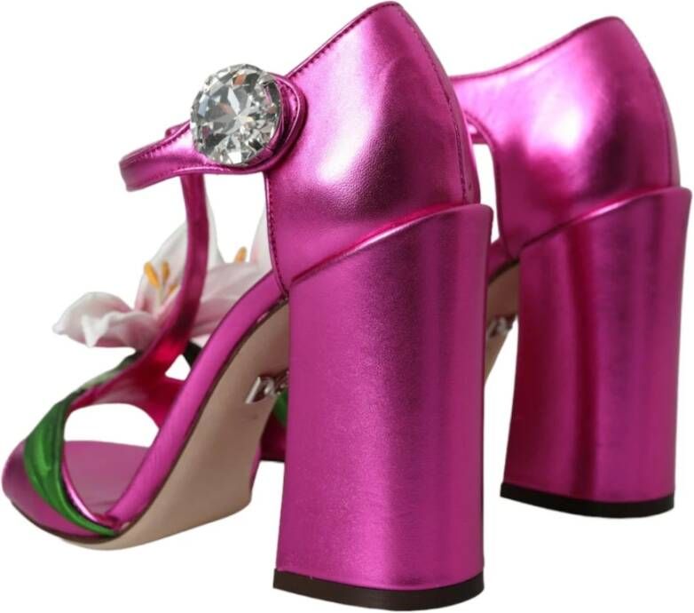 Dolce & Gabbana Met bloemen versierde leren sandalen met blokhak Pink Dames