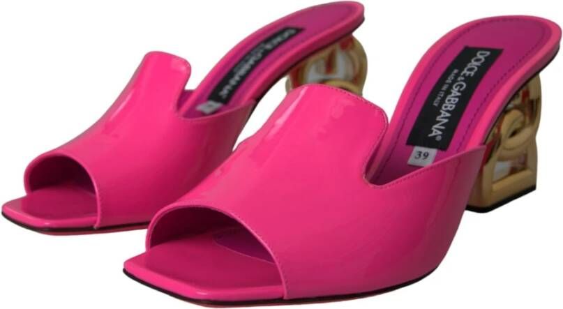 Dolce & Gabbana Neon Roze Leren Logo Hakken Sandalen Pink Dames