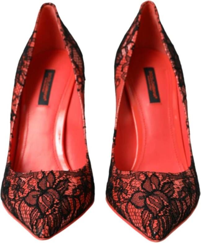 Dolce & Gabbana Oranje Bloemen Kant Leren Hakken Pumps Red Dames