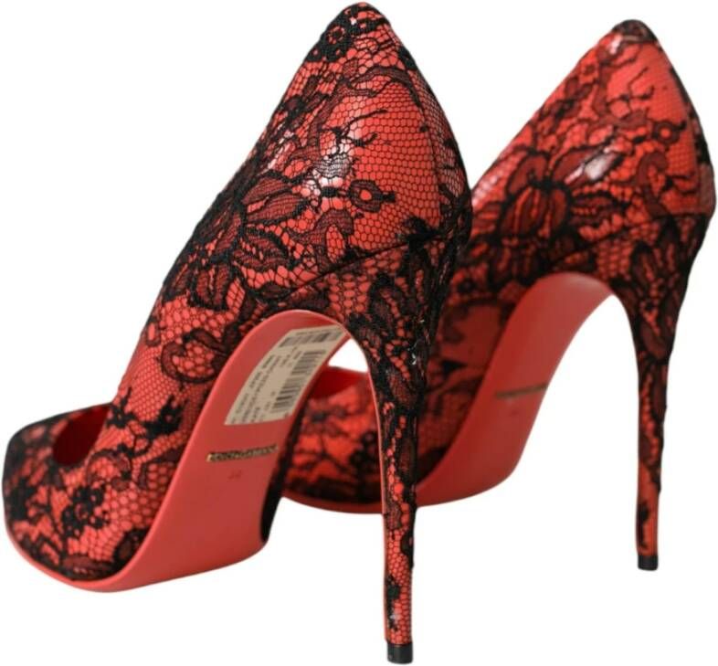 Dolce & Gabbana Oranje Bloemen Kant Leren Hakken Pumps Red Dames