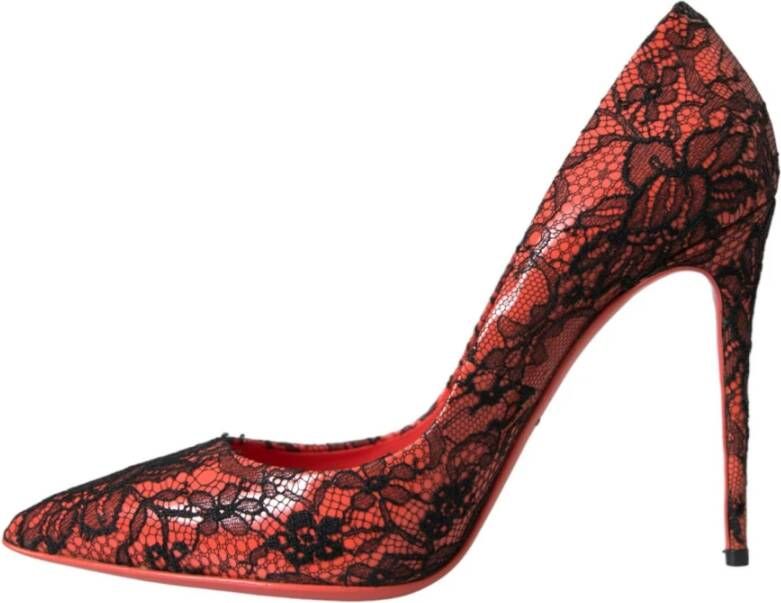 Dolce & Gabbana Oranje Bloemen Kant Leren Hakken Pumps Red Dames