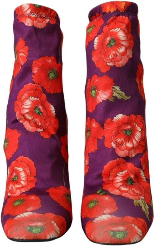 Dolce & Gabbana Paarse Bloemen Stretch Enkellaarzen Multicolor Dames