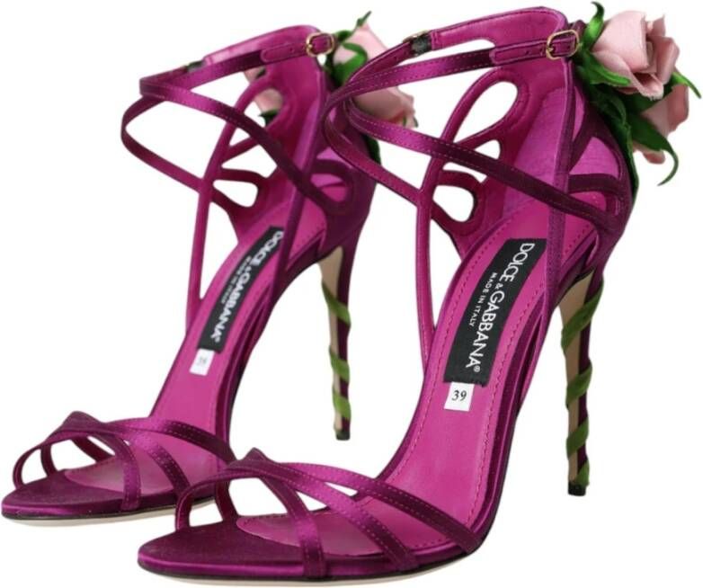 Dolce & Gabbana Paarse Bloemrijke Satijnen Hoge Hak Sandalen Purple Dames