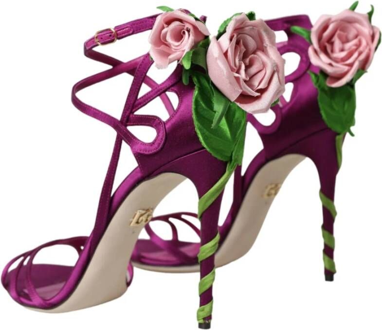 Dolce & Gabbana Paarse Bloemrijke Satijnen Hoge Hak Sandalen Purple Dames