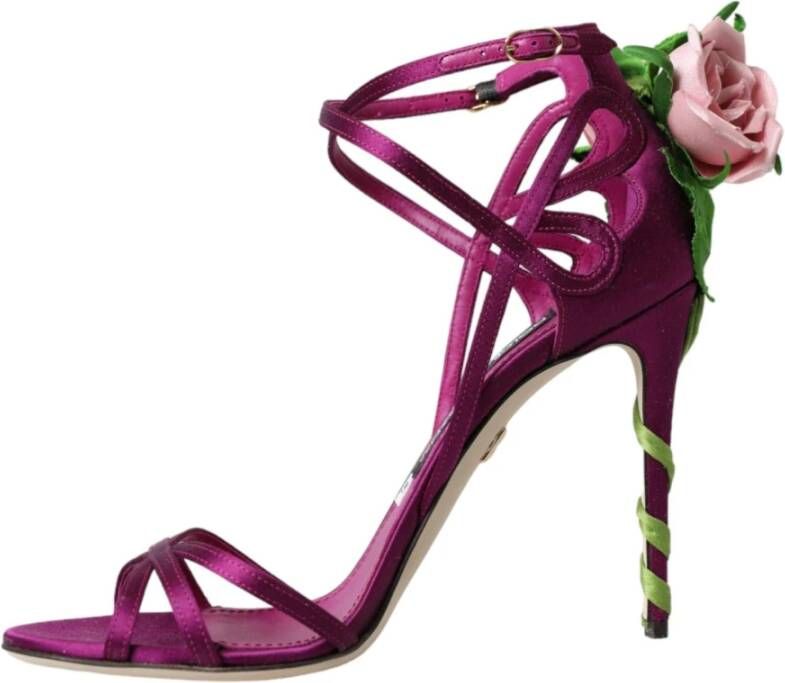 Dolce & Gabbana Paarse Bloemrijke Satijnen Hoge Hak Sandalen Purple Dames