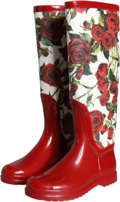 Dolce & Gabbana Rode Bloemen Rubber Kniehoge Laarzen Multicolor Dames