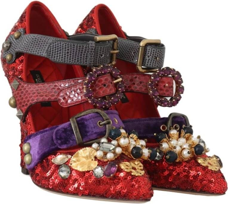 Dolce & Gabbana Rode Metalen Stud en Parel Mary Janes Multicolor Dames