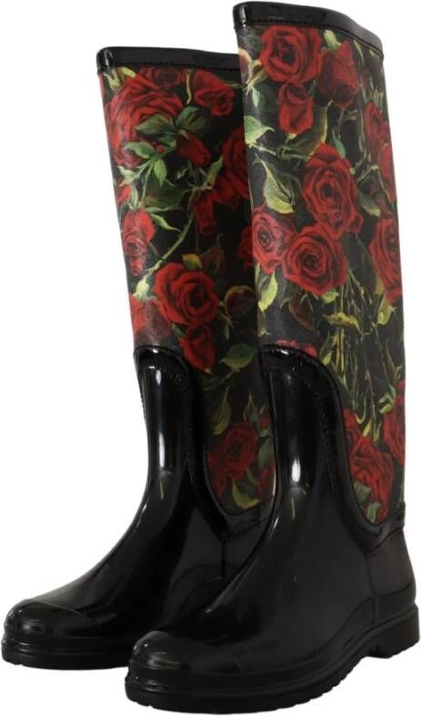 Dolce & Gabbana Rode Rozenprint Regenlaarzen Black Dames