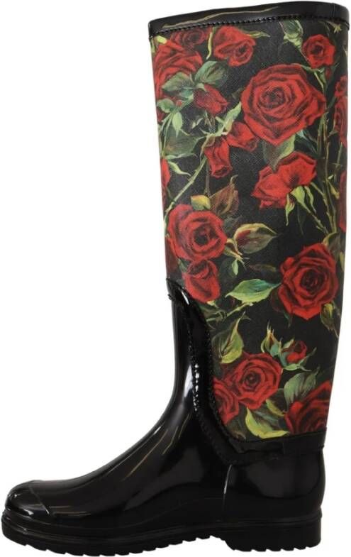 Dolce & Gabbana Rode Rozenprint Regenlaarzen Black Dames