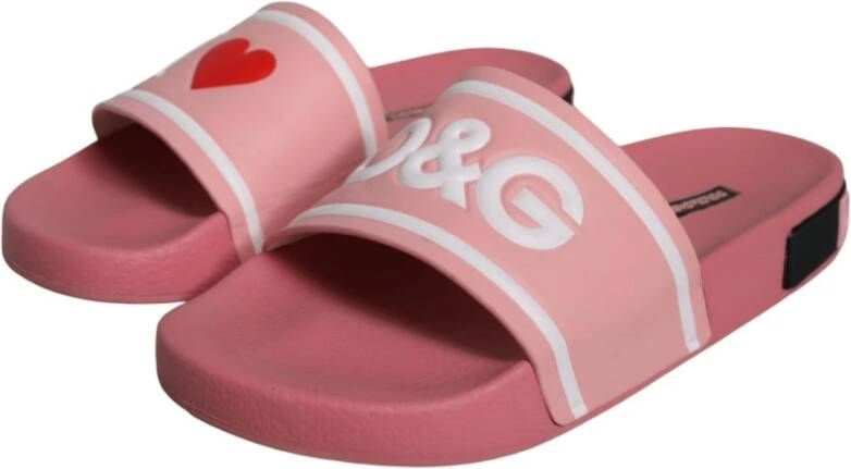 Dolce & Gabbana Roze Leren Slide Sandalen met Logo Pink Dames