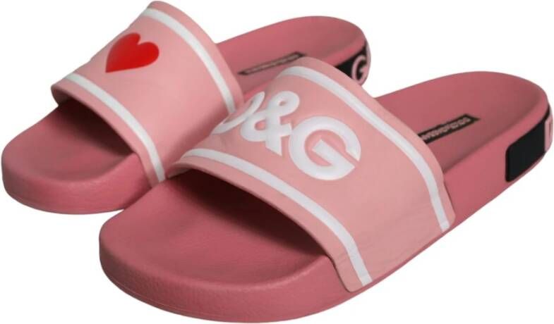 Dolce & Gabbana Roze Leren Slide Sandalen met Logo Pink Dames