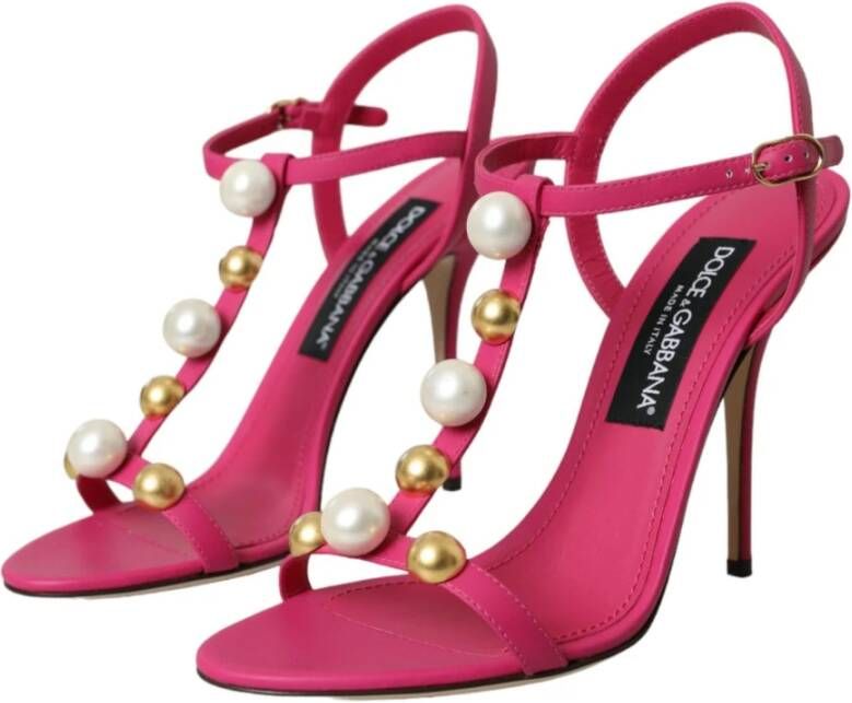 Dolce & Gabbana Roze Leren T-Strap Sandalen Pink Dames