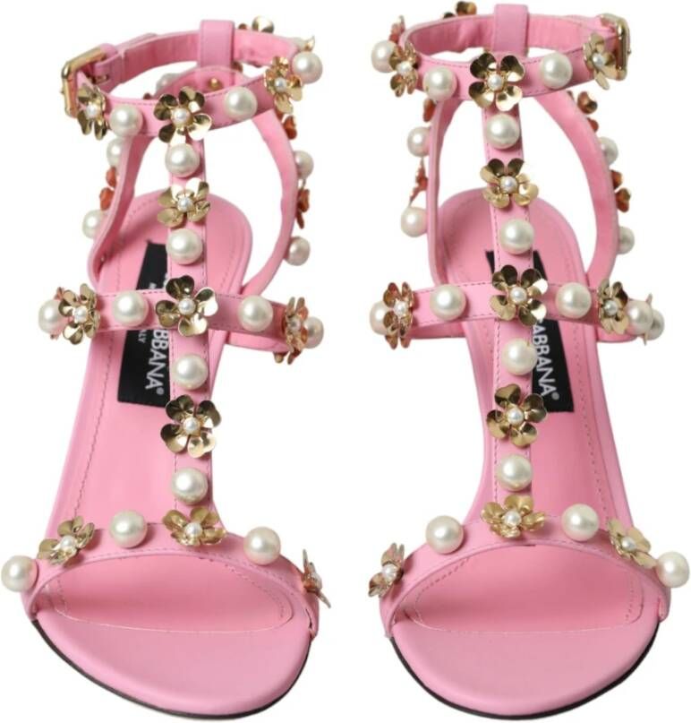 Dolce & Gabbana Roze Leren Versierde Hakken Sandalen Pink Dames