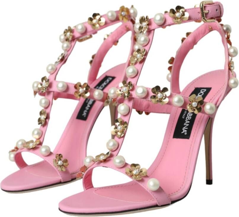 Dolce & Gabbana Roze Leren Versierde Hakken Sandalen Pink Dames