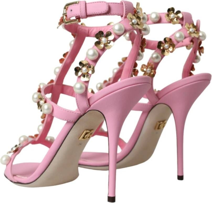 Dolce & Gabbana Roze Leren Versierde Hakken Sandalen Pink Dames